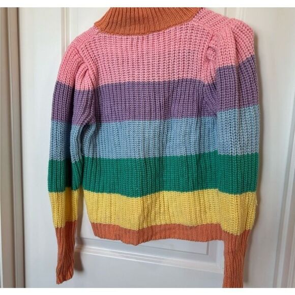 English Factory Chunky Knit Sweater Women XS Mockneck Puff Sleeve Striped Colors - Picture 3 of 5